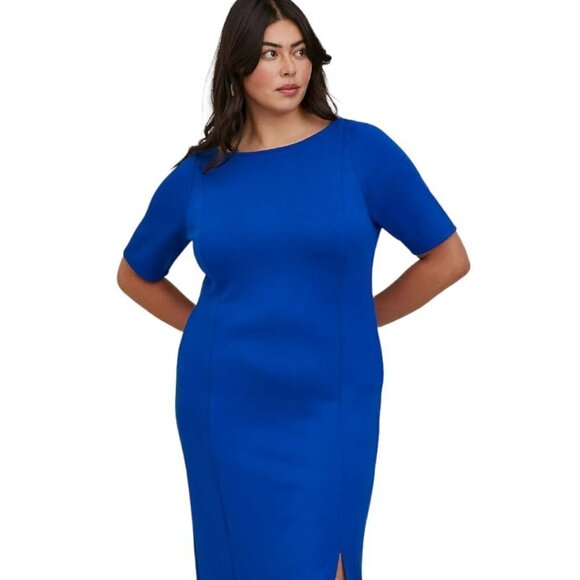 TORRID Midi Studio Cupro Bodycon Buttery Soft Short Sleeve Front Slit Blue Dress - Picture 5 of 8